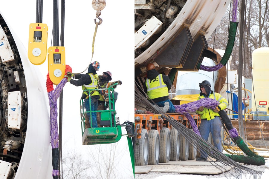 Rigging a 27-ft diameter boring machine with Cortland Plasma rope lifting slings
